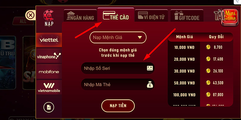Sử dụng thẻ cào để chuyển tiền vào nền tảng đơn giản